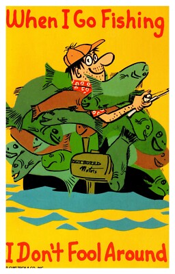 When I Go Fishing I Don't Fool Around Curt Teich & Co. Postcard Outboard Motor