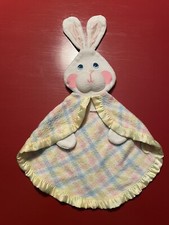 Vintage Fisher Price Bunny Security Blanket Lovey Pastel Plaid Yellow  Blue Pink