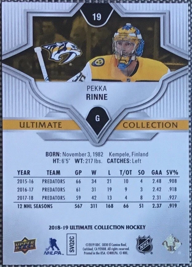 2018-19 Upper Deck Ultimate Collection #19 Pekka Rinne #d /149 RARE! - Image 2 of 2