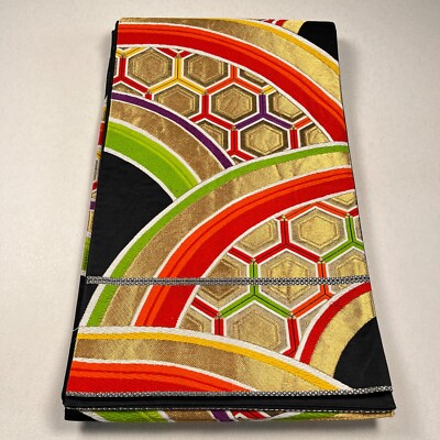 K3012104 Antique Fukuro OBI Silk Japan Hexagonal pattern Gold