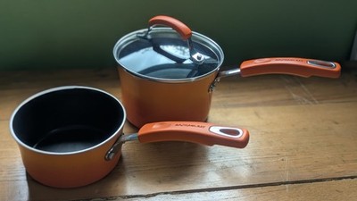 RACHAEL RAY Porcelain Cookware Orange Ombre' SAUCE PAN SET w/ Lid 2 QT & 1 QT