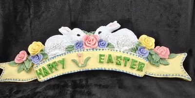 Happy Easter Ribbon Plaque w/ 2 White Bunnie Rabbits & Flowers Ceramic 11.5×3.25