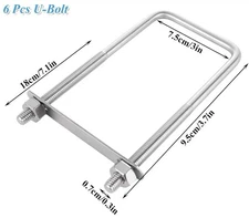 6 PCS Square U Bolts with Frame Plates and Nuts 3/8'' X 3'' X 7'' Zinc Steel