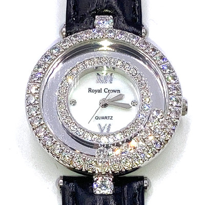 ROYAL CROWN 3628 WOMENS WRIST WATCH QUARTZ MOTHER PEARL CRYSTAL LEATHER *READ*