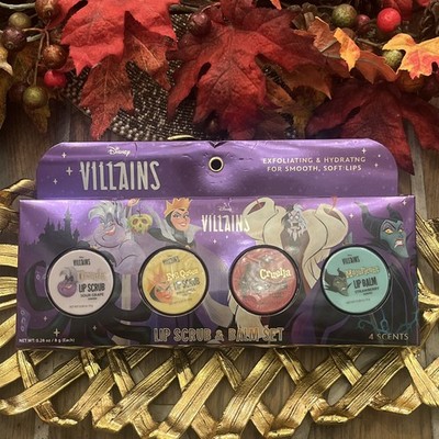 NEW Disney Villains Lip Scrub & Balm Set Ursula Evil Queen Cruella Mal 4pc Gift