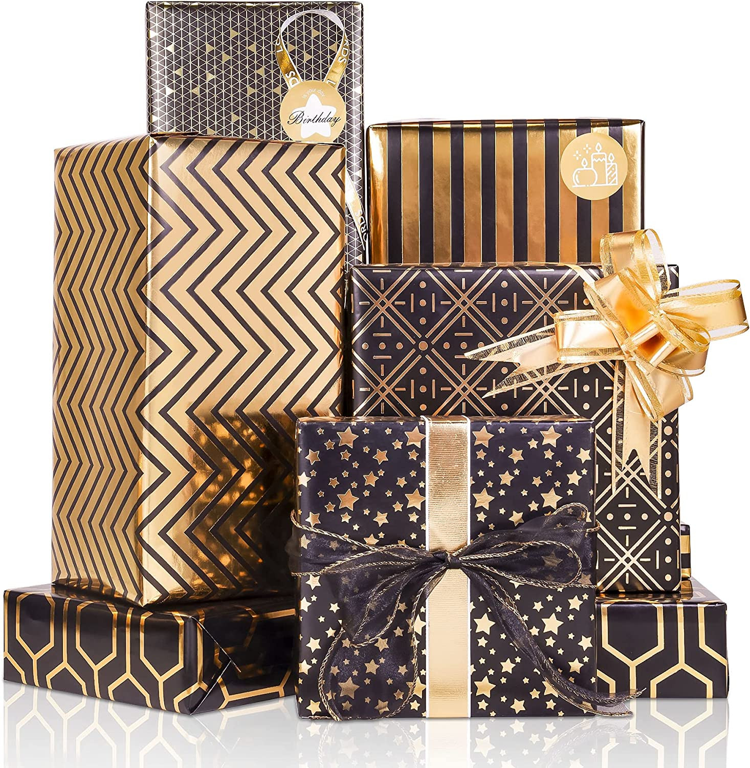 Set, 6 Sheets Metallic Black Gold Foil Wrapping Paper W/gift