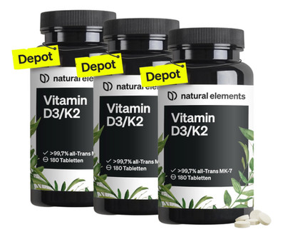 3 x natural elements Vitamin D3 + K2 Depot   3x180 Tabletten   Premium-Qualität