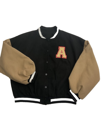 Boohoo Oversized Patchwork Letterman Varsity Jacket Black Tan US 8 M L