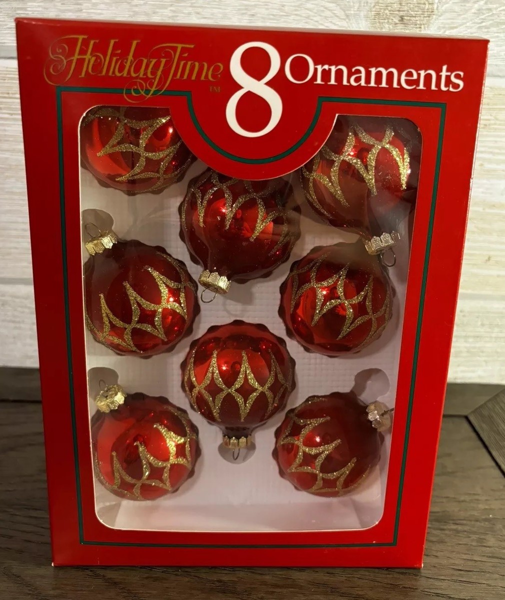 Vintage Holiday Time (Kmart) Glass Christmas Ornaments 8 Pack Red