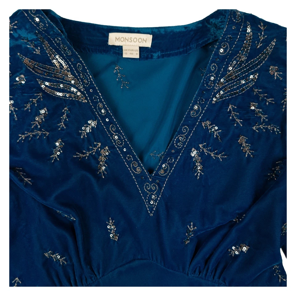Monsoon Top UK 12 Teal Blue Velvet Sequin Embroidered Boho V-Neck Blouse - Image 3 of 4