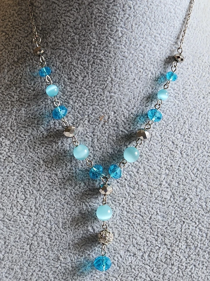 Collar de cuentas turquesa y plata 1928 16-19" ojo de gato y facetado... Foto 3 de 4