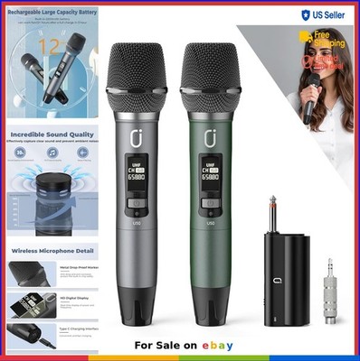 Wireless Microphones UHF Dual Dynamic Handheld 50M Range 12H Battery