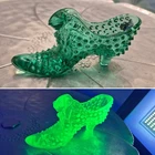 RARE Glowing Fenton Glass Green or Teal Hobnail Cat Head Slipper / Uranium Shoe