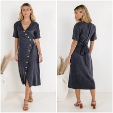 Böhme Bhar Midi Wrap Dress Navy Full Button Front Women’s Size XL