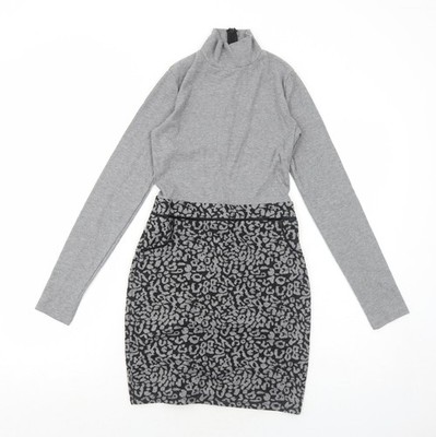 Select Damen grau Tiermotiv Polyester A-Linie Größe 6 Reißverschluss mit Stehkragen   Leopard