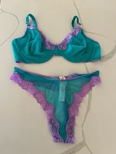 Victoria  s Secret TEASE Demi Bra  Panty Set Teal Mesh Purple Lace 38D/Large NWT