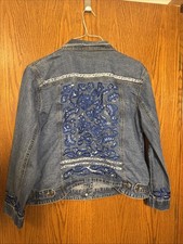 Chico's Design Denim Jacket Women's Size 2 Embroidered Blue Floral Boho Western