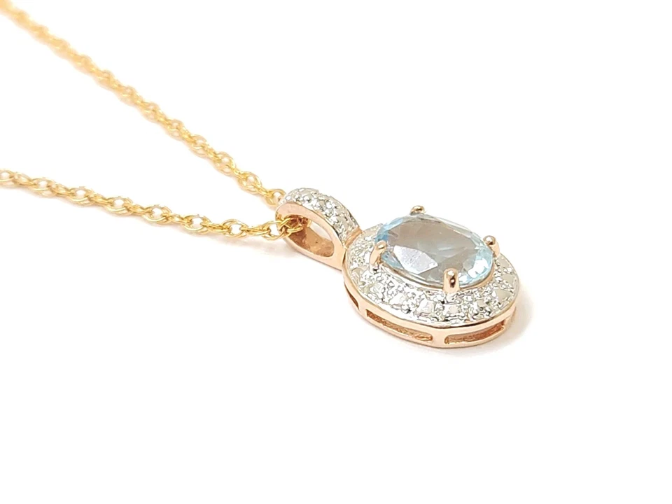 Collar de cadena de cable trenzado colgante de piedras preciosas de diamantes aguamarina azul oro 10K Foto 2 de 4