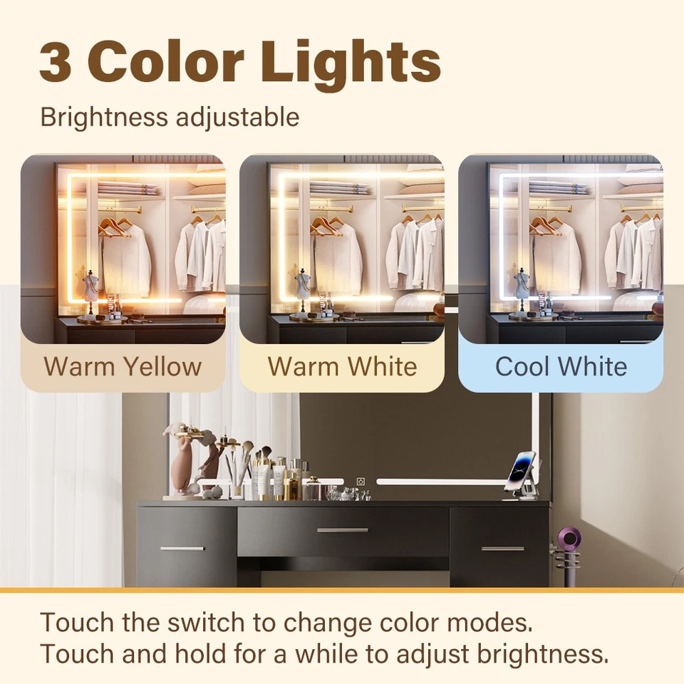 Juego de tocador de maquillaje negro de 46"" con espejo grande iluminado por LED y toma de corriente Foto 3 de 4