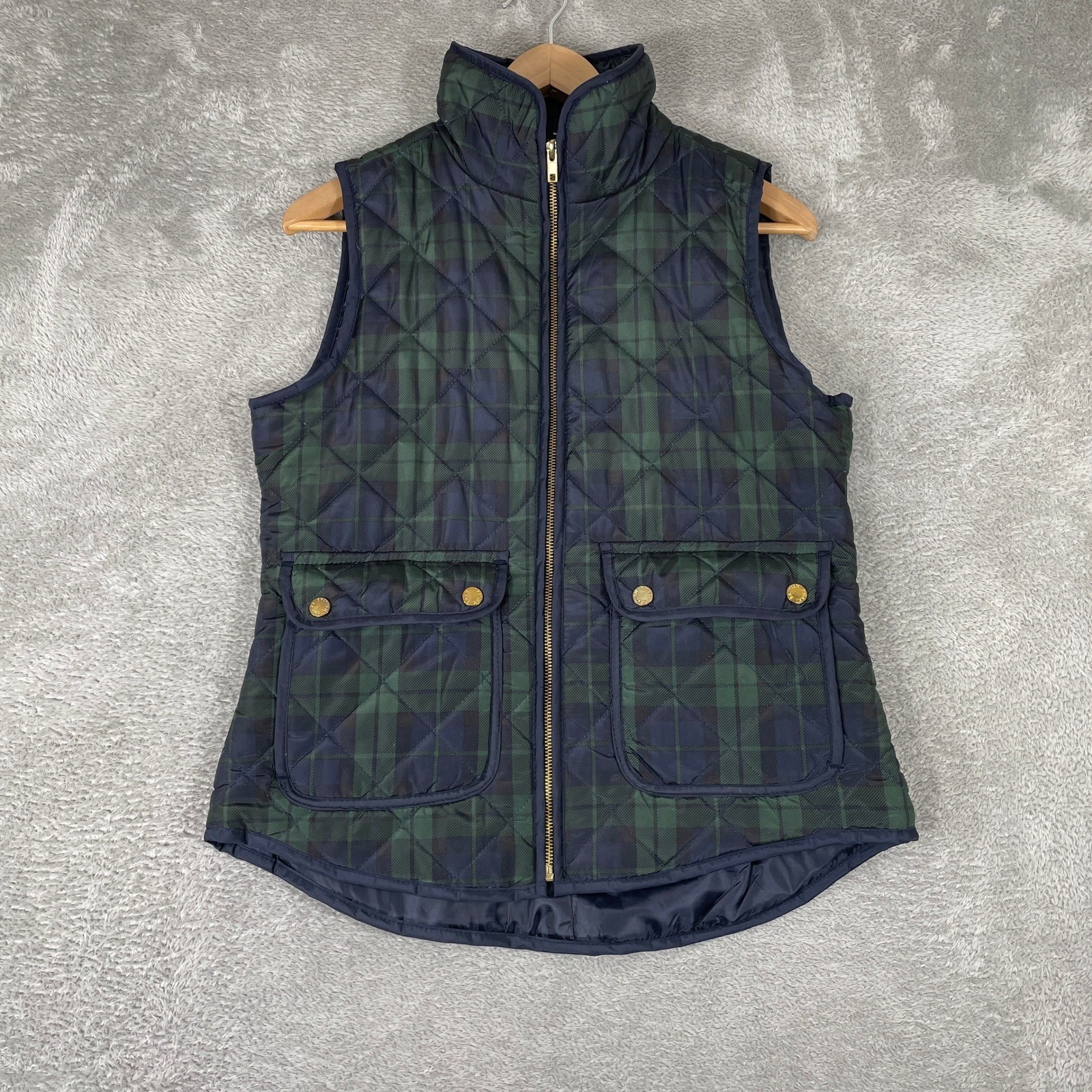 British Khaki Quilted Vest Womens Small Green Black Watch Plaid Tartan Preppy