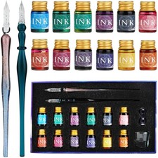 Kalligraphieset Glasfeder,Tinten,Stifthalter,Reinigungsbecher,Gold,Mehrfarbig