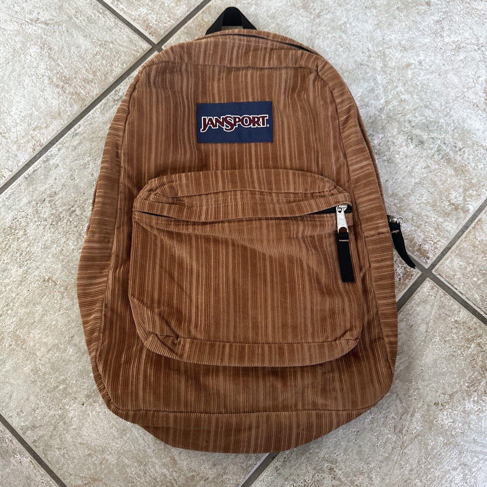 Vintage JanSport Brown Corduroy Backpack 2 Zip Pocket Strap Old School Bag