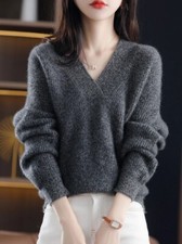 Women's Loose Knit Sweater Base V-neck Pullover Jumpers Knitwear Warm Casual Top