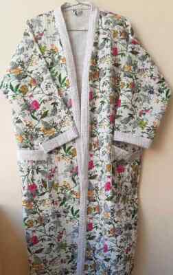 Indian Handmade Kantha Quilt Kimono Robe Floral Print Cotton Winter Gown Dresses