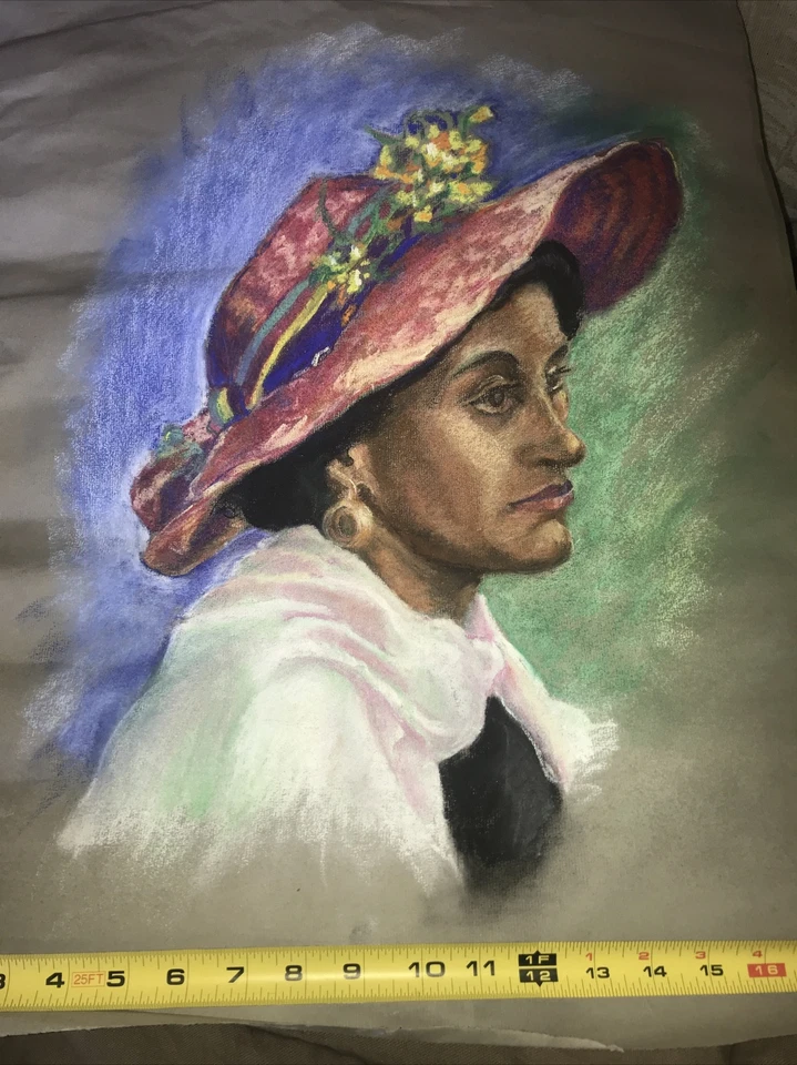 Original - Pastel - Boceto - Retrato - Mujer - Sombrero Floral para el Sol - Arte - Color Foto 2 de 4