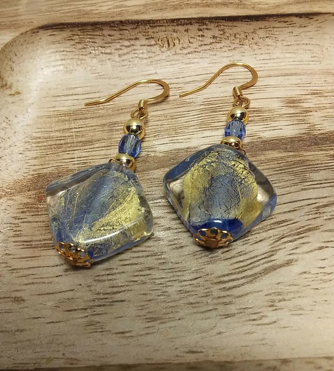 Gold Tone Blue Dangle Gold Flecked and Bead Resin Pierced Earrings