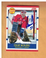 Olaf Kolzig AUTOGRAPHED 1990-91 SCORE ROOKIE FRENCH Hockey Card SIGNED CAPITALS