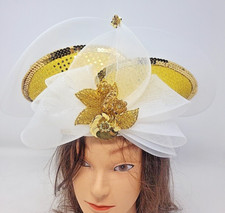 Costume derby Hat gold, Sequins, Flower, Upturned double Brim, 22" Band,