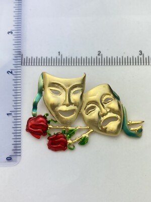 Signed JJ Jonette Vintage New Comedy Tragedy Gold Red Painted Roses Pin ...