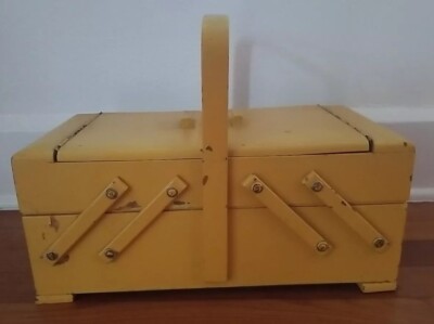 Vintage Strommen Bruk Hamar Norway Wooden Accordian Sewing Box yellow