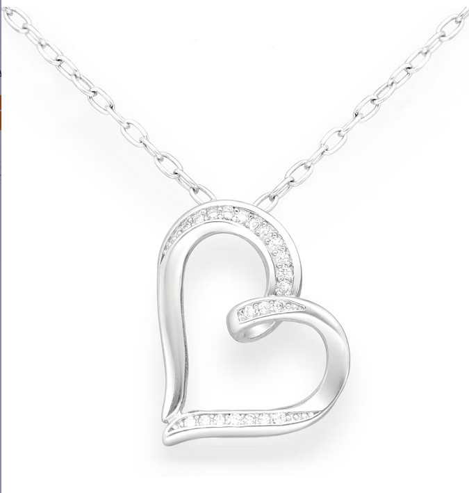 Collier en argent 925 coeur oblique CZ 0.21ct aux finitions joaillerie haut de gamme