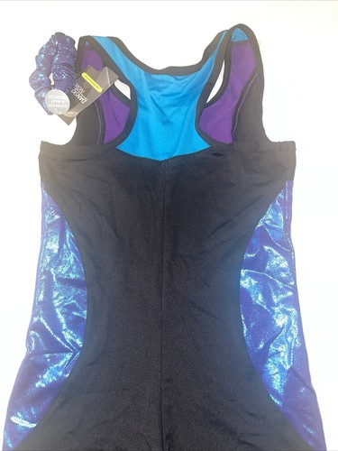 Danskin Now Girls Biketard With Foil Racerback W Matching Scrunchie Blue/Black - Picture 3 of 7