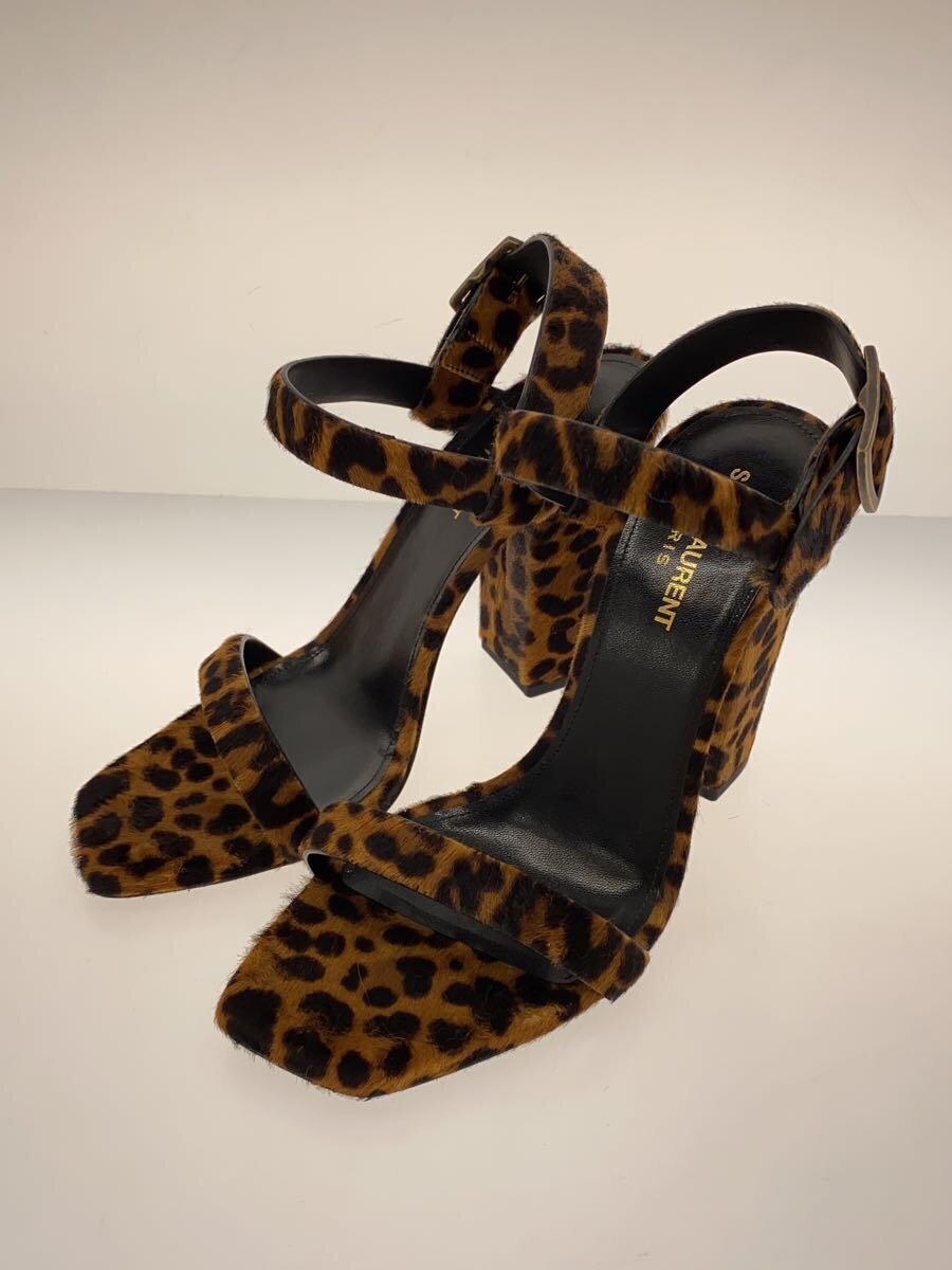 Sandali Saint Laurent donna punta quadrata stampa leopardata cinturino alla caviglia taglia 38 5