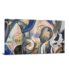 Hand Painted Abstract Oil Painting Colorful Figurative Faces Sun and Moon Decor