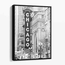 The Chicago Theatre Sign Black and White Canvas Wall Art Print