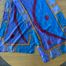 Vintage Silk Scarf Artist Signed Geometric Blue Hand Rolled 58" x 15"