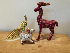 Frontgate Peacock & Reindeer Figures Silk Embroidered Standing Stuffed, 2, India