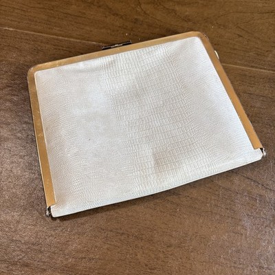 Vintage White Lizard Clutch With Gold Metal Frame