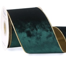 Forest Green Velvet Wired Ribbon 4 Inch Metallic Green Gold Crushed 10 Yards