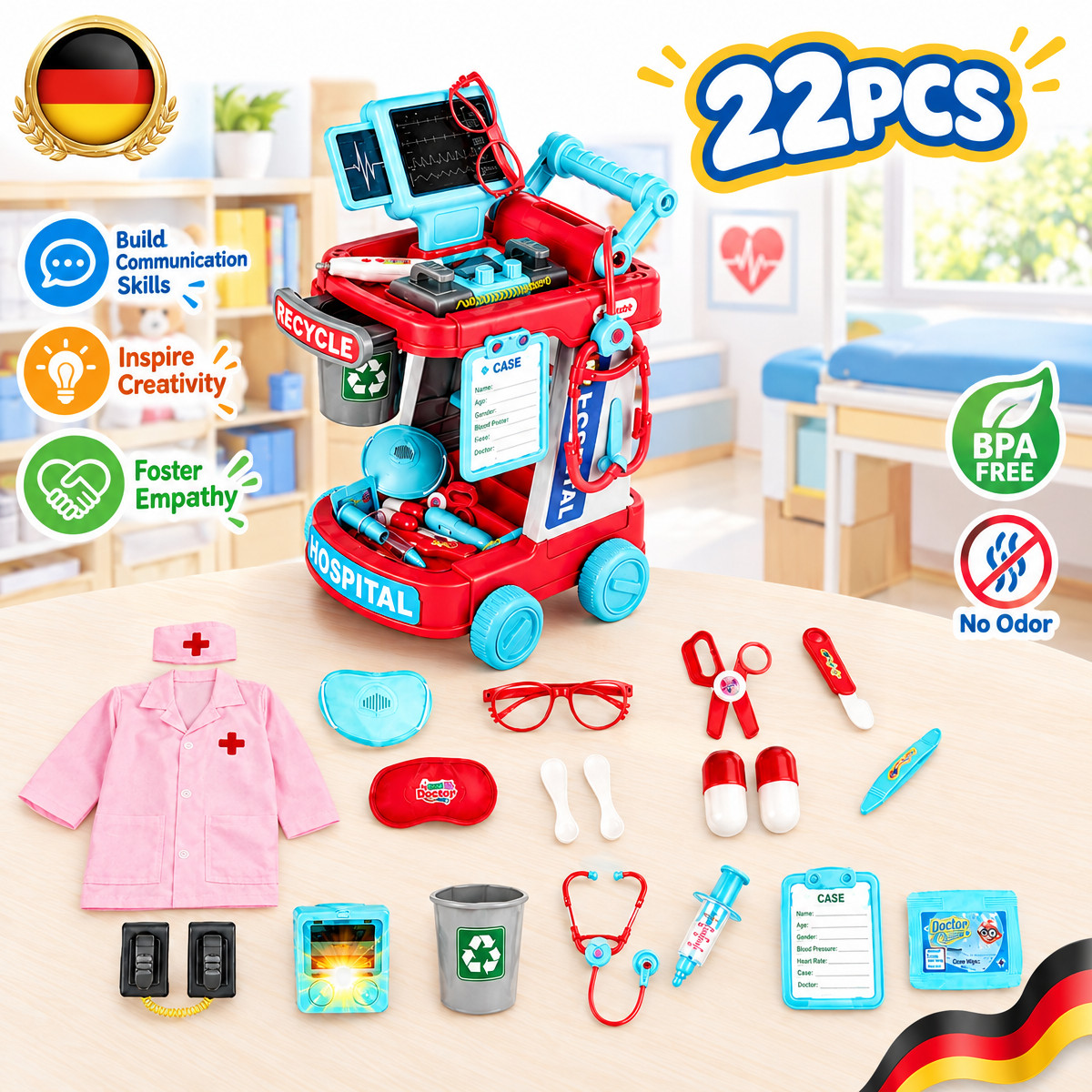 Arztwagen Spielset Rollenspiel für Kinder 3-5 Jahre Sound- & Lichteffekte Kit DE