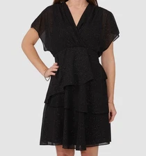 MSK Womens Black Glitter Chiffon Batwing-Sleeve Tiered Dress Petite Size PXL