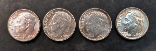 4 Silver Dime Lot - 4 Uncirculated Roosevelt 90% Silver Dimes (1964D)