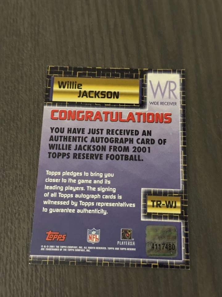 2001 Topps Reserve Autographs #TR-WJ WILLIE JACKSON Signed Auto Football Card - Image 2 of 3