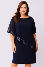 XSCAPE dress capelet sequins formal party evening cocktail sheer navy blue 12