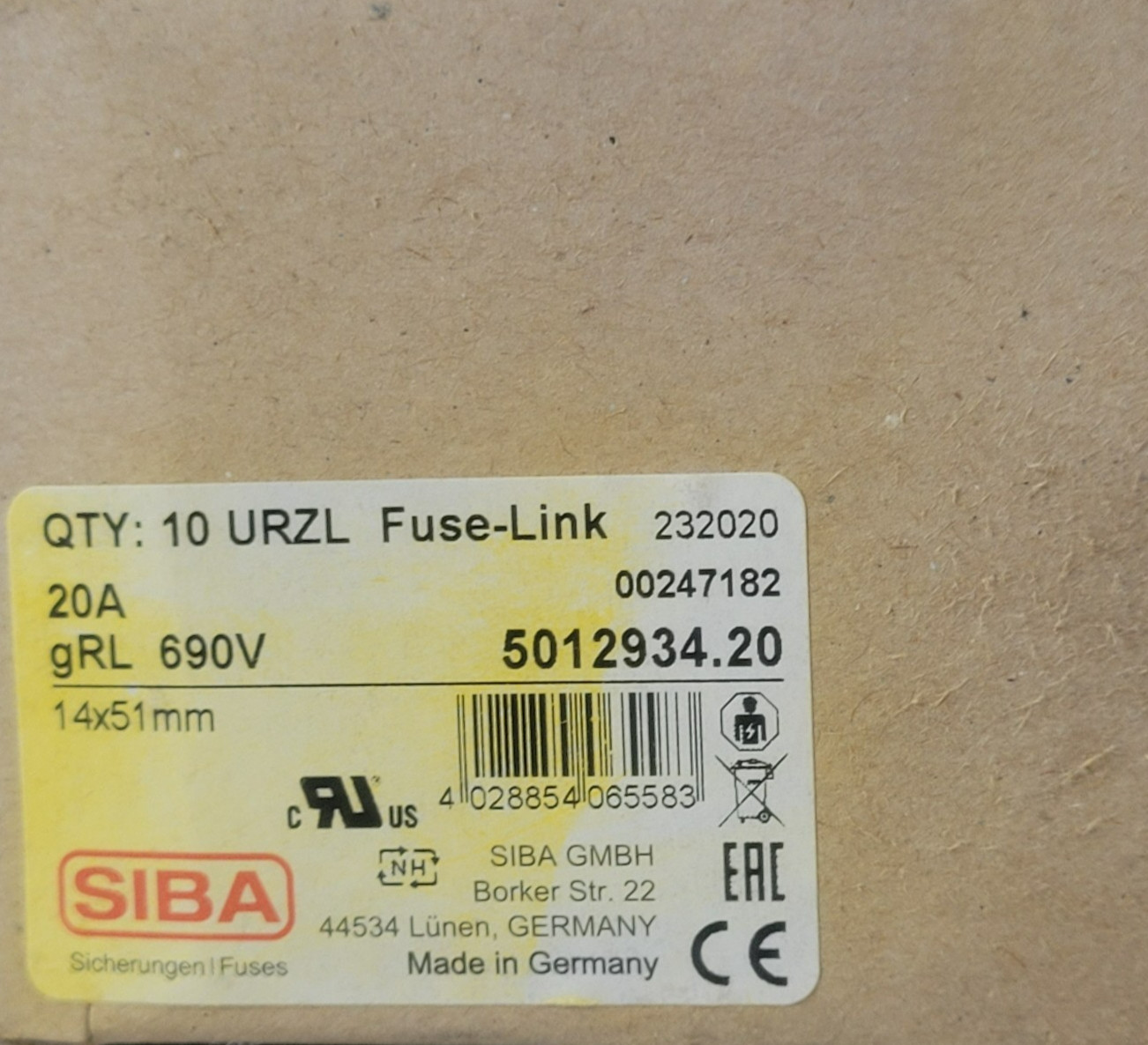 SIBA 50-129-34/20A fuse 14x51mm 690V gRL 1 piece 5012934.20