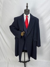 Vintage Men Double Breasted Wool Cashmere blend navy Classic Overcoat US 44L 46L